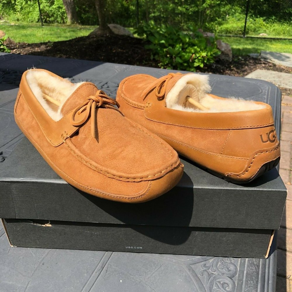 UGG Australia Byron Chestnut Leather Fur Slippers - Picture 1 of 14